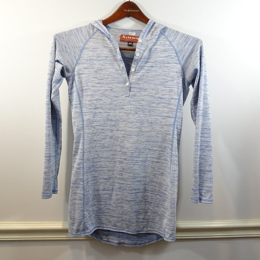 Simms Shirt Women's Blue Long Sleeve 1/4 Button Henley Hooded Fishing Size XS